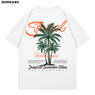 美式复古椰树海滩三亚度假纯棉短袖T恤透气印染印花男女宽松大码
