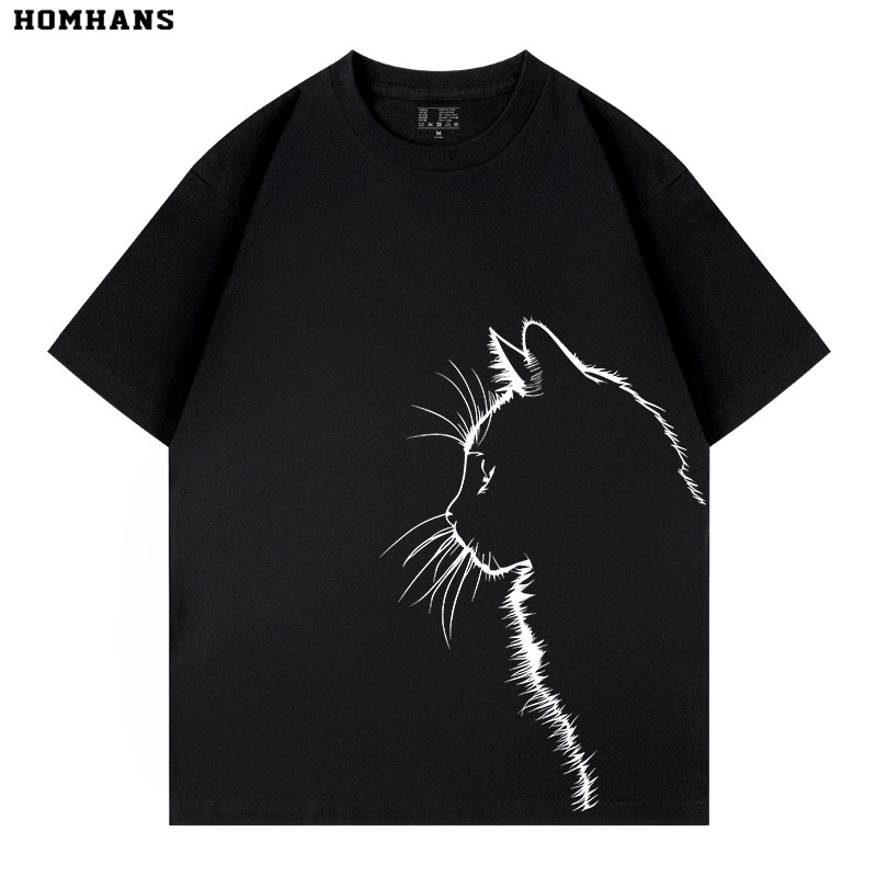 纯棉个性国潮趣味剪影猫咪新款男女宽松春夏休闲短袖T恤亲子儿童