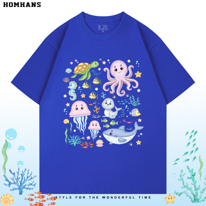 Q版可爱卡通海洋动物印花短袖趣味水族馆亲子装纯棉舒适健康夏季