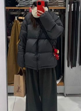 黑色白鸭绒羽绒服女冬季2025新款小个子大学生无帽立领面包服外套