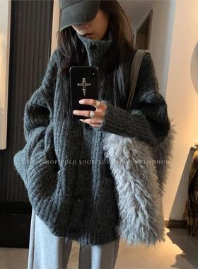 濮院毛衫厂  韩系慵懒感高领纽扣设计毛衣外套女秋冬加厚开衫上衣