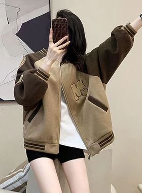 日系撞色棒球服外套女潮ins春秋百搭宽松学生复古加绒夹克女上衣