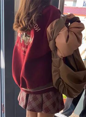 美式2023新款复古棒球服冬季加绒加厚撞色拼接短款夹克设计感外套