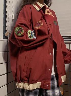 港风韩版复古拼色bf风工装外套女学生宽松ins百搭夹克棒球服上衣