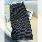 包臀裙子 高腰开叉a字裙大码 高密细织春秋条纹半身裙女中长款 新款