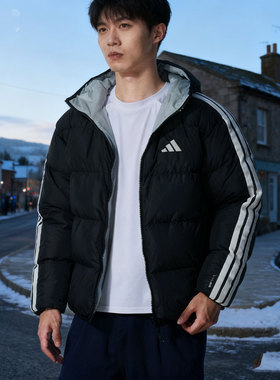 阿迪达斯黑色短款羽绒服男装25新款秋冬保暖外套户外运动服KC2490
