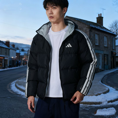 阿迪达斯黑色短款羽绒服男装25新款秋冬保暖外套户外运动服KC2490
