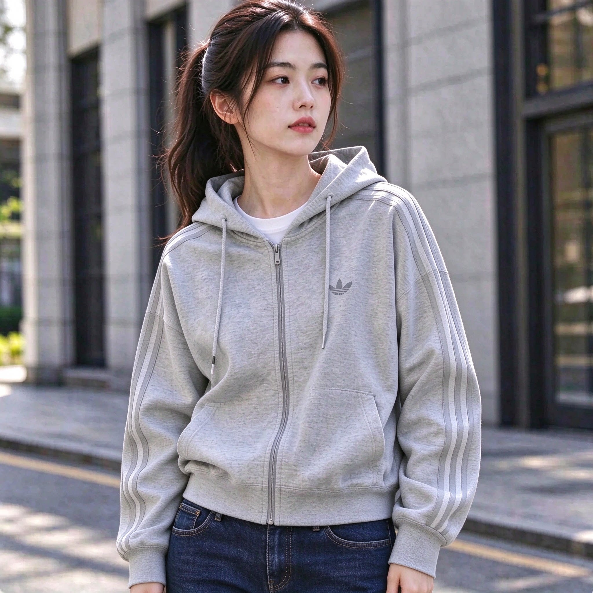阿迪达斯三叶草灰色针织连帽外套26秋季新款跑步休闲运动服LD8334