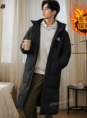 MLB黑色长款羽绒服男女厚外套2025春新款连帽保暖运动服3ADJB2146