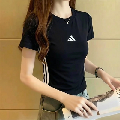 阿迪达斯短袖女款收腰黑色T恤26夏修身上衣透气跑步运动服JC8325