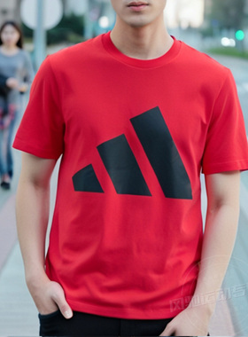 阿迪达斯男装装红色短袖T恤25春新款大logo跑步透气运动服JE8934