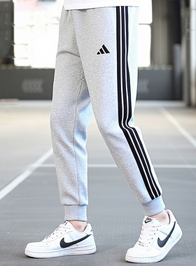 阿迪达斯男裤灰色针织加绒长裤25冬季新款保暖运动裤休闲裤JE6318