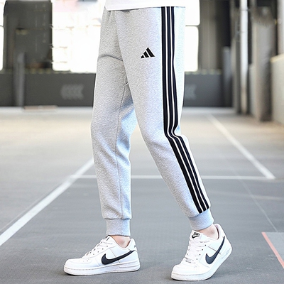 阿迪达斯男裤灰色针织加绒长裤25冬季新款保暖运动裤休闲裤JE6318