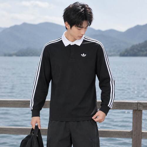 阿迪达斯三叶草男装长袖POLO衫2026春季新款黑色休闲运动服KE3576