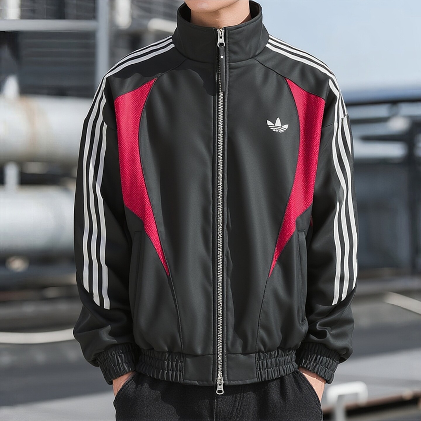 阿迪达斯三叶草男装皮质夹克外套2026秋季黑红潮流运动服KX0813
