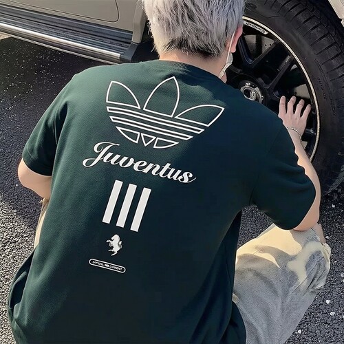阿迪达斯秋季绿色印花短袖T恤男装三叶草宽松透气运动服JM9466