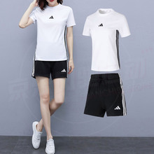 阿迪达斯女装夏季黑色跑步运动套装两件套25新款短袖T恤休闲短裤
