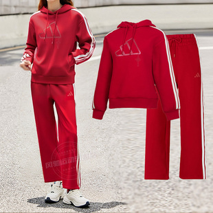 阿迪达斯女装红色新年款运动套装连帽卫衣直筒长裤子2025冬季套衫