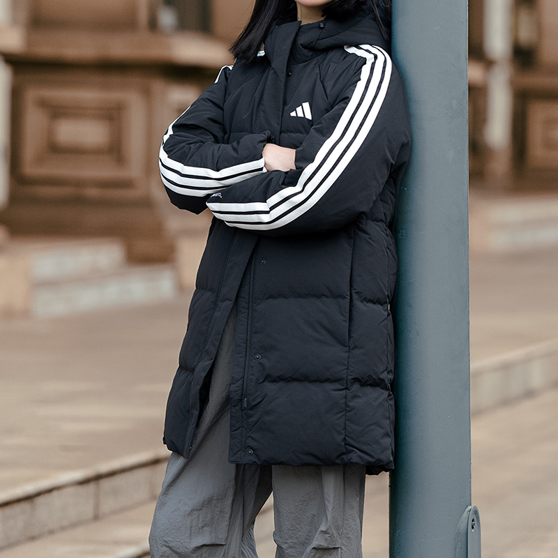 阿迪达斯黑色中长款羽绒服2025冬季新款厚外套保暖运动服KC2486