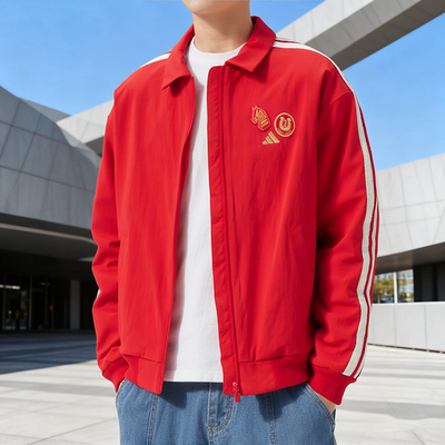阿迪达斯男装红色新年款梭织外套26马年夏季加绒保暖运动服KE4059