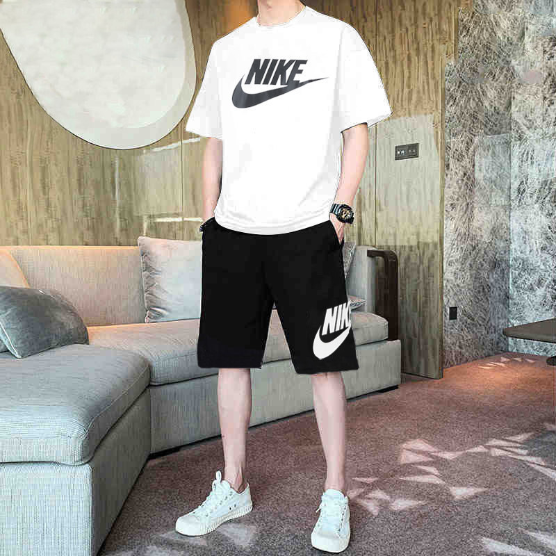 Nike耐克男子白色印花休闲短袖T恤短裤两件套夏季运动套装男装