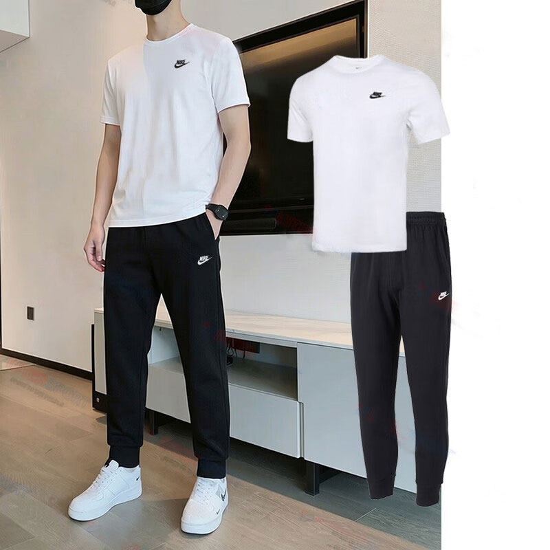 NIKE耐克男装白色短袖T恤收口长裤子健身训练套装跑步透气运动服