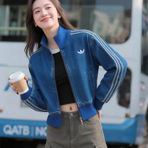 阿迪达斯三叶草短款立领牛仔外套2026新款休闲夹克运动服 KD2913