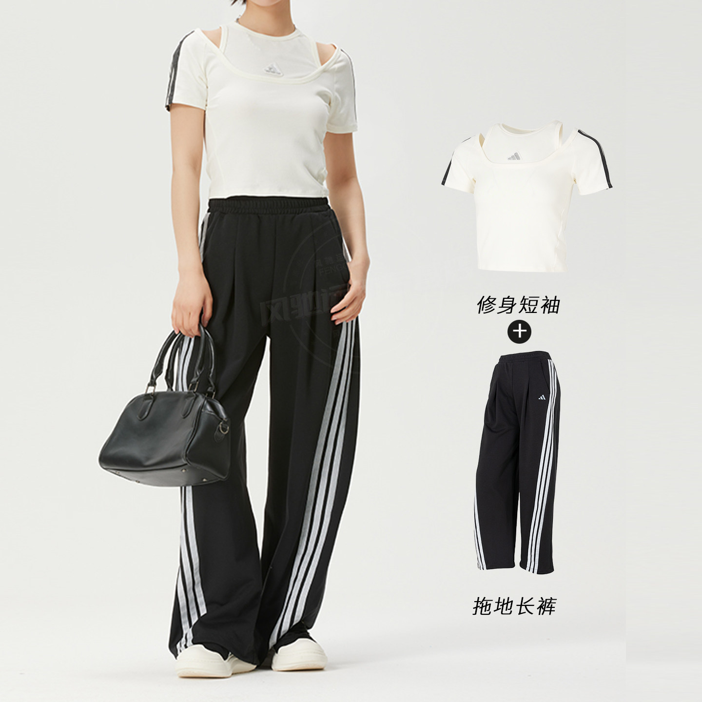 阿迪达斯女运动套装26春季新款跑步跳舞两件套短袖t恤直筒拖地裤
