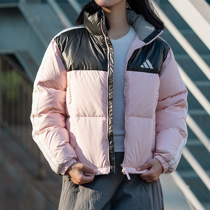 阿迪达斯女装粉色立领短款羽绒服2026夏季新款厚外套保暖运动服