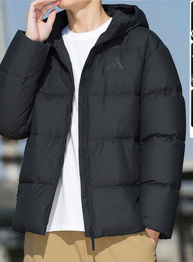 阿迪达斯冬季男装黑色短款连帽羽绒服25新款运动服保暖外套KC2478