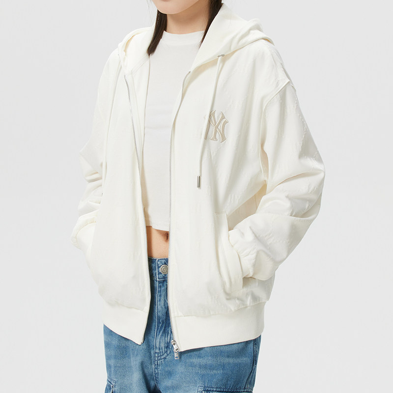 MLB男装女装白色连帽外套26春季新款复古老花针织夹克休闲运动服