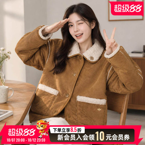 阿迪达斯三叶草女装26春新款灯芯绒外套两面穿保暖夹克大衣KT3145