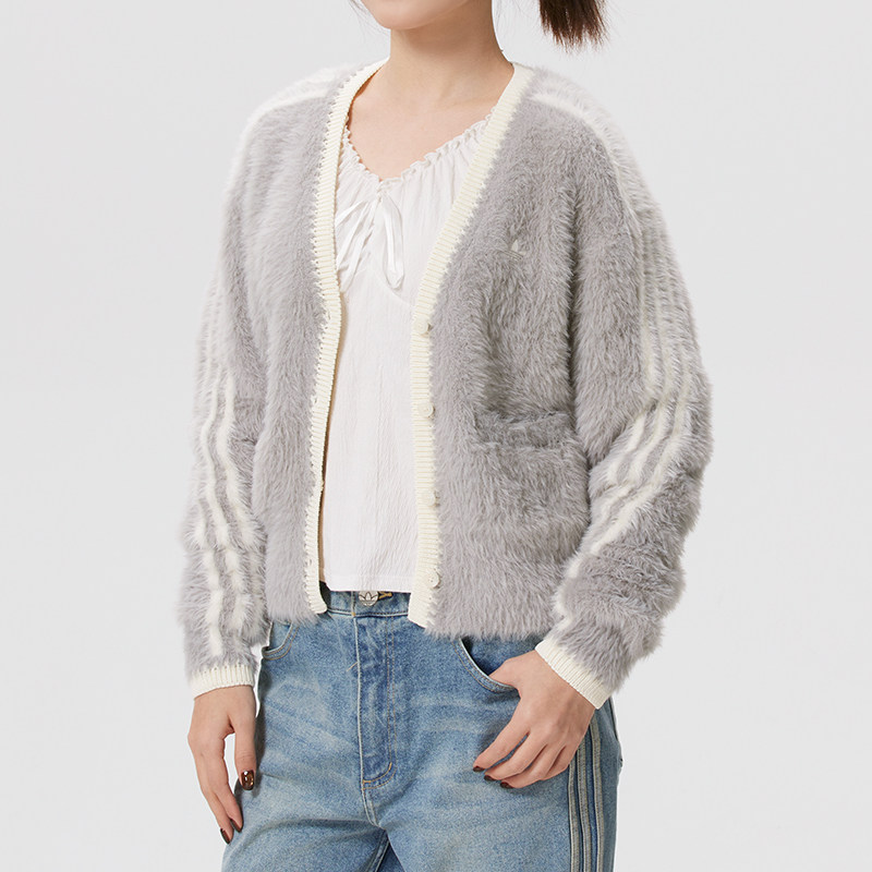 阿迪达斯三叶草女子开衫外套灰色毛绒26春季新款CNY休闲服KT3170