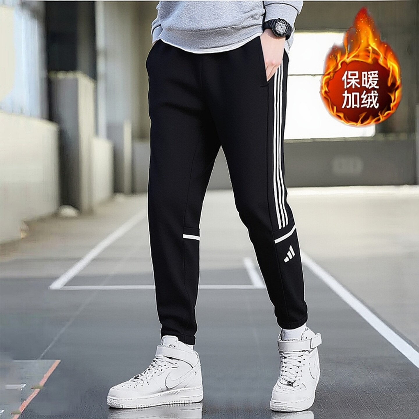 Adidas阿迪达斯男裤休闲裤26新款运动裤三条纹加绒收腿长裤JE2765