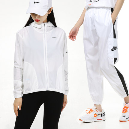 耐克官方正品白色套装女2024夏季款梭织连帽跑步防风夹克外套长裤