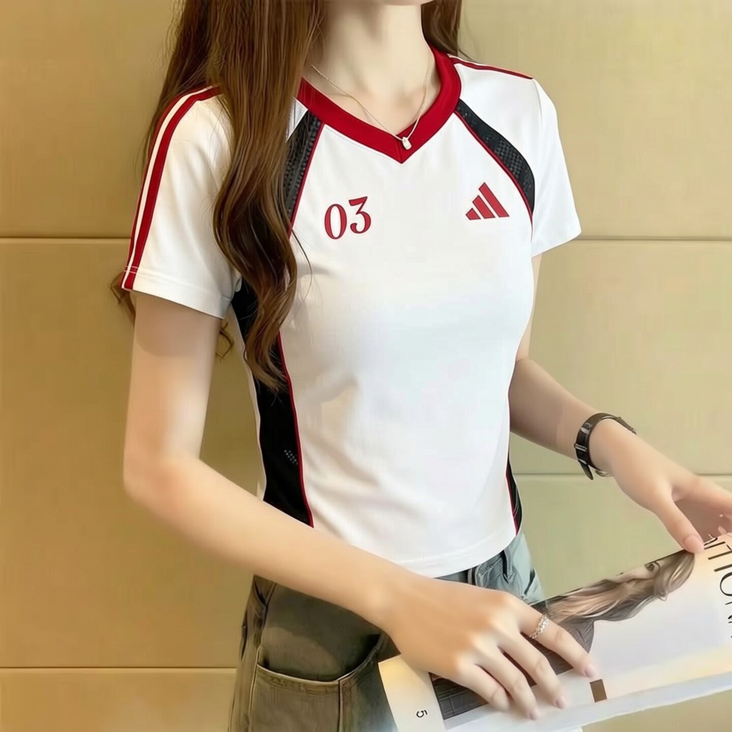 阿迪达斯短袖女装V领短款修身收腰T恤2026新款夏足球运动服KZ2387