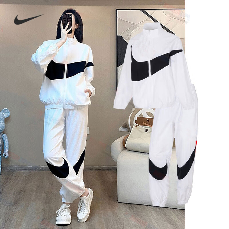 NIKE耐克白色梭织夹克外套长裤子运动跑步套装女装户外休闲两件套