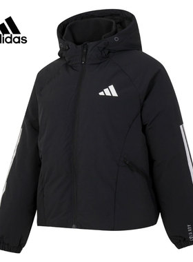 阿迪达斯黑色羽绒服女士短款2025冬季新款连帽保暖鸭绒外套JG5921