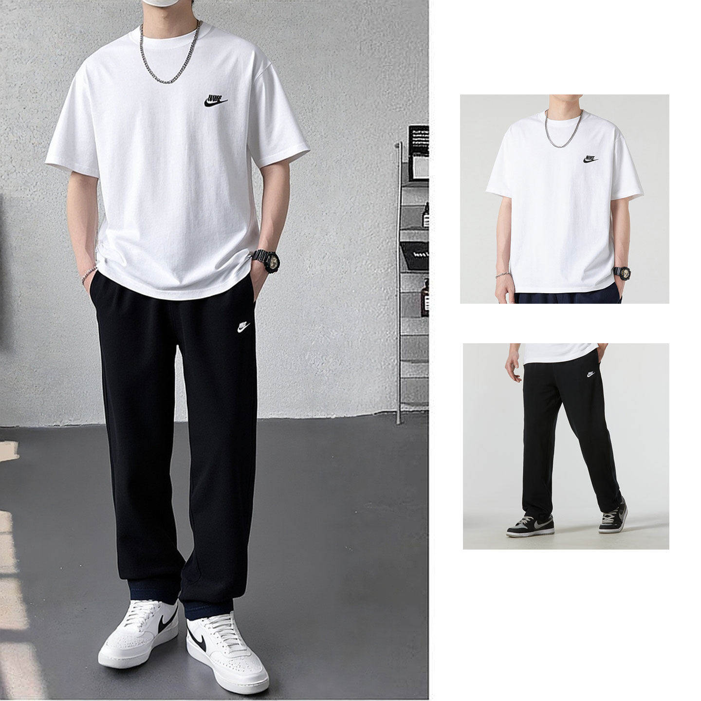 NIKE耐克男短袖白T恤长裤运动套装宽松直筒裤休闲透气跑步两件套