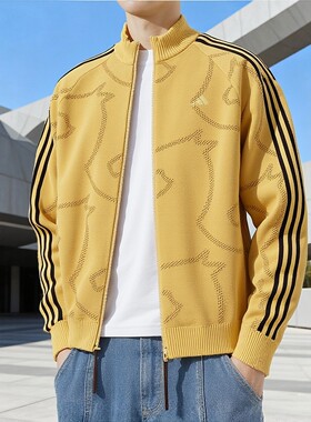 Adidas阿迪达斯小马纹路毛衣外套黄色马年新年款保暖针织衫KE4061