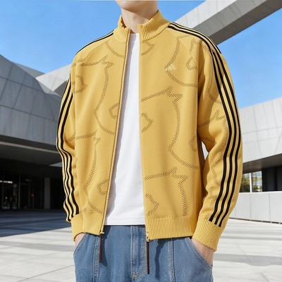 Adidas阿迪达斯小马纹路毛衣外套黄色马年新年款保暖针织衫KE4061