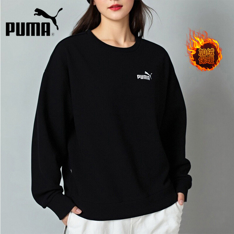 Puma彪马黑色圆领卫衣女装春季休闲服运动加绒保暖套头衫685587