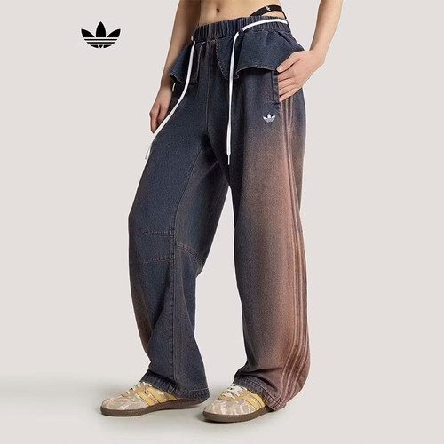 adidas三叶草女子牛仔长裤子26秋季新款拖地休闲裤KS0624