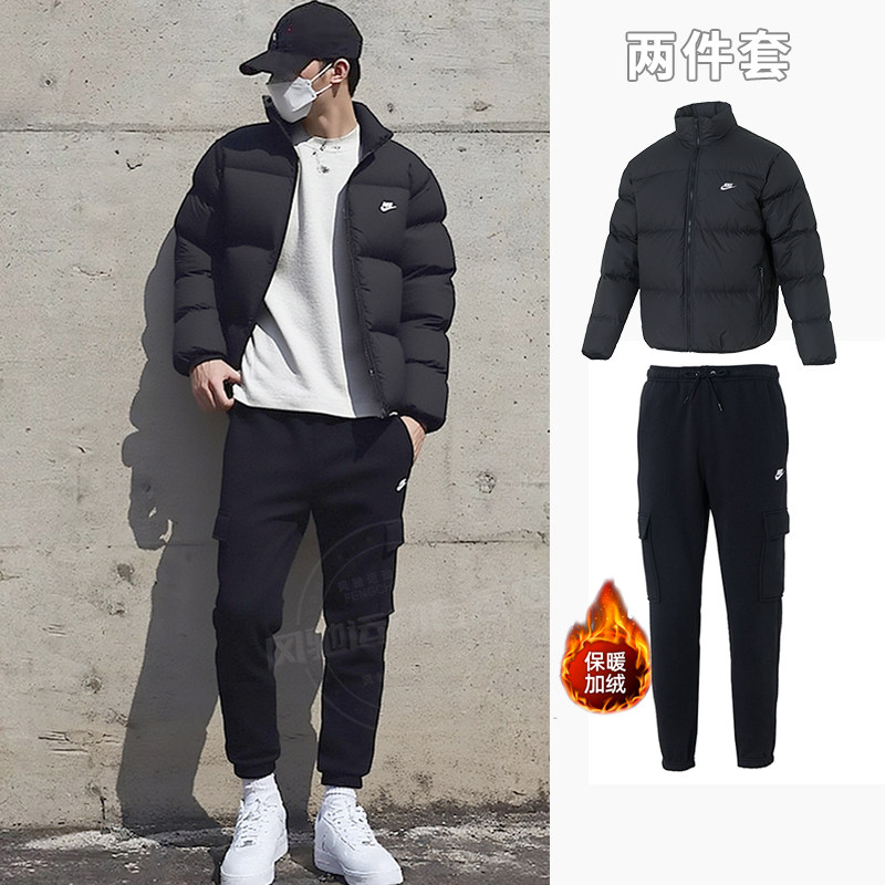 耐克短款羽绒服加绒保暖工装长裤子男装冬季休闲套装厚外套25新款