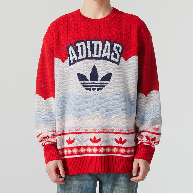 阿迪达斯男装女装红色毛衣25蛇年新年款运动宽松圆领套头衫JL8366