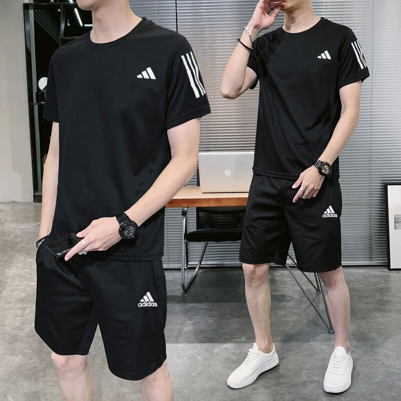 阿迪达斯官网男子黑色透气休闲运动短袖短裤两件套夏季时尚套装男