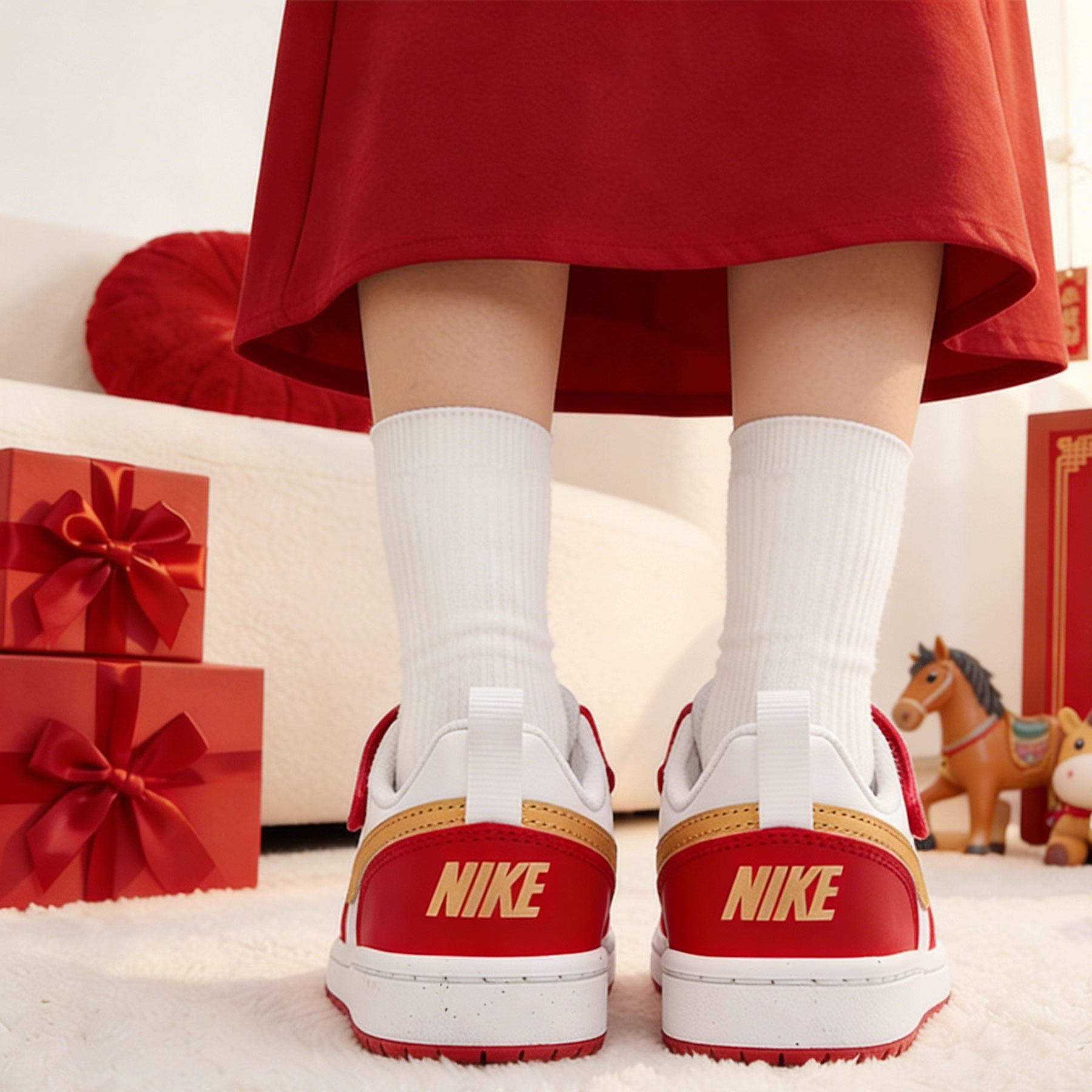 NIKE耐克儿童鞋红色休闲鞋26新年款红色拜年鞋运动板鞋DV5457-137