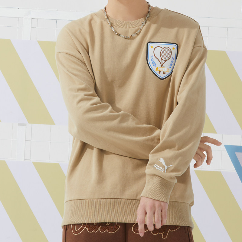 彪马男装运动服春秋款校园风圆领卫衣徽章贴布休闲日常套头上衣