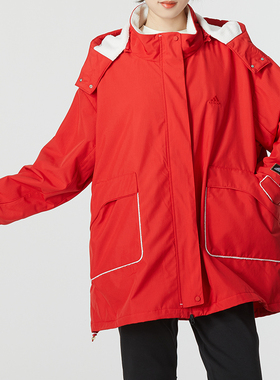 阿迪达斯红色外套女子官方新年款运动服2025冬季连帽夹克HZ2995