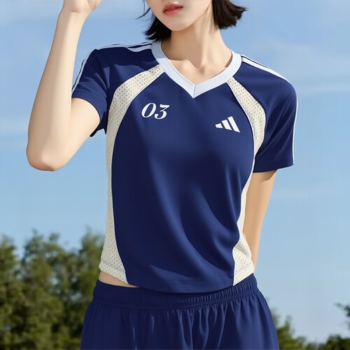 阿迪达斯短袖女装V领短款修身收腰T恤26秋季新款蓝色运动服KZ2388